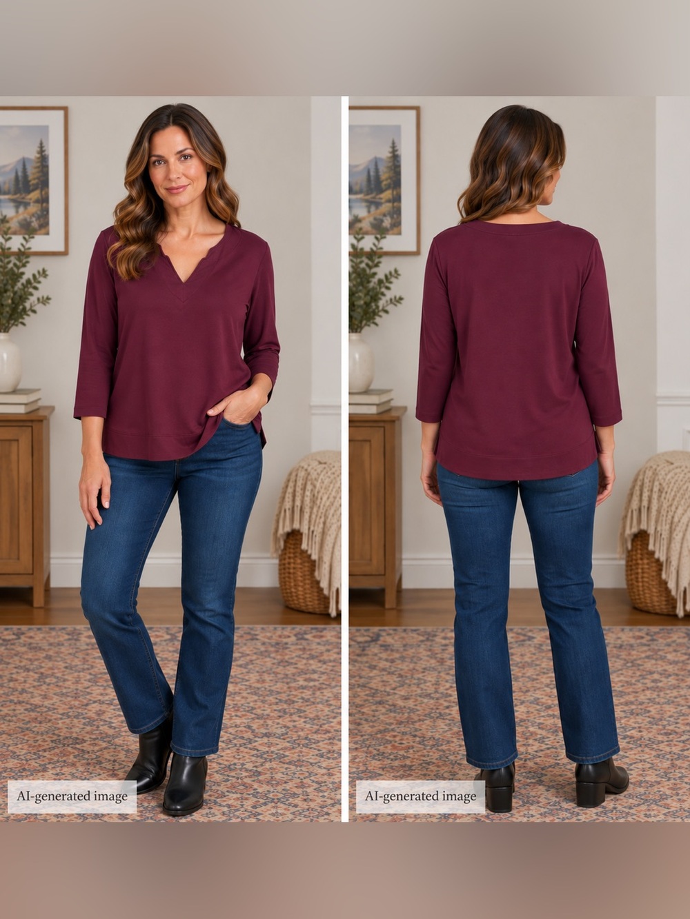 L.L.Bean Women’s Plum Cranberry V-Neck 3/4 Sleeve Top